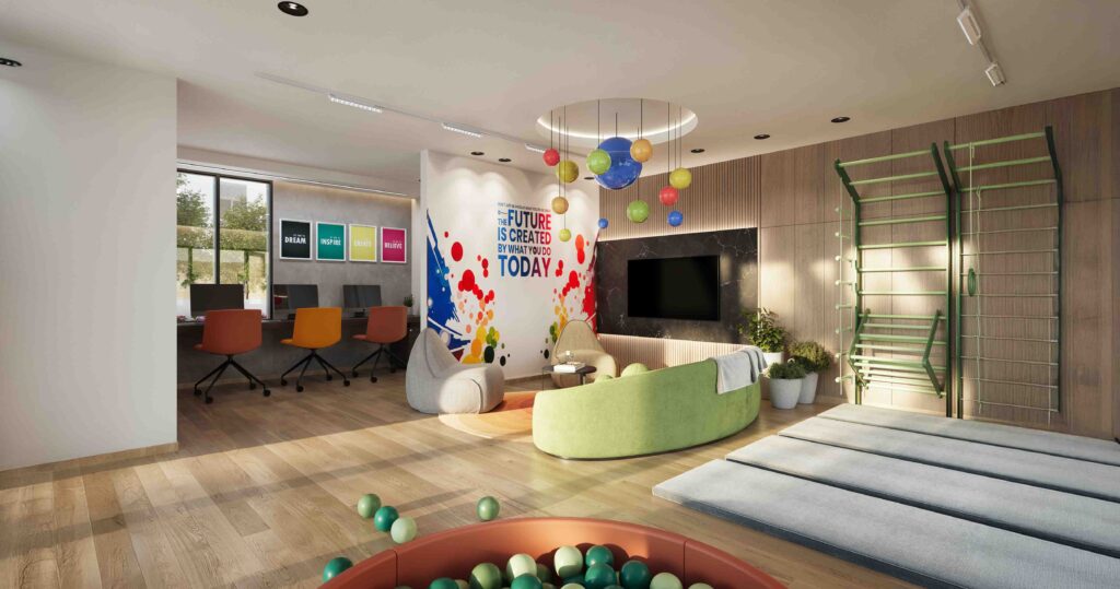 הדמיית חדר כושר ומועדון - עיצוב פנים והמחשה מספר פרץ בפארק באר שבע - בניין מגורים חדש, הממחיש את חיי הקהילה בבנייה רוויה