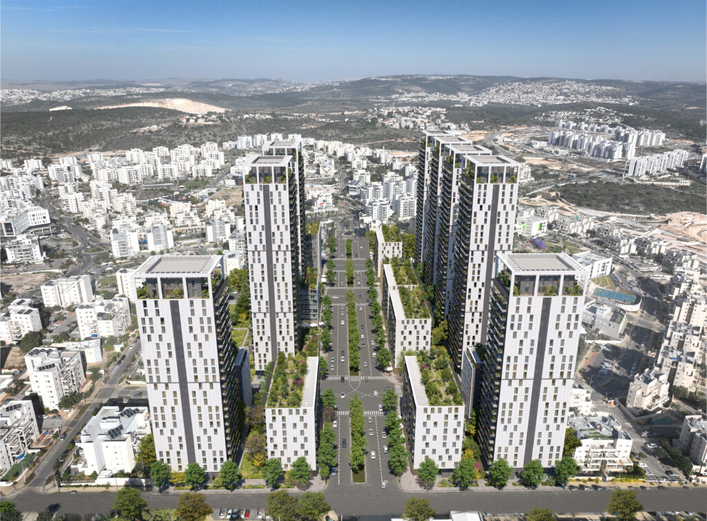 מתחם מגורים מודרני של בנייה רוויה הכולל בניינים גבוהים ופיתוח סביבתי.